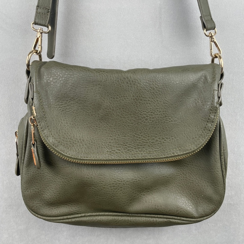 Moda Luxe Olive Green Faux Leather Crossbody Bag Gold Multi Pocket Messenger